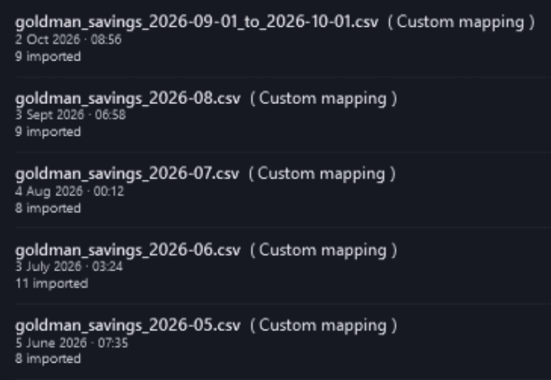 A savings account's import history, for the fictional demo household, Pulse Neuron 1.5.9, captured 2 Oct 2026: one statement file a month, newest first, each with its custom mapping, the date it was imported and how many rows it brought in.