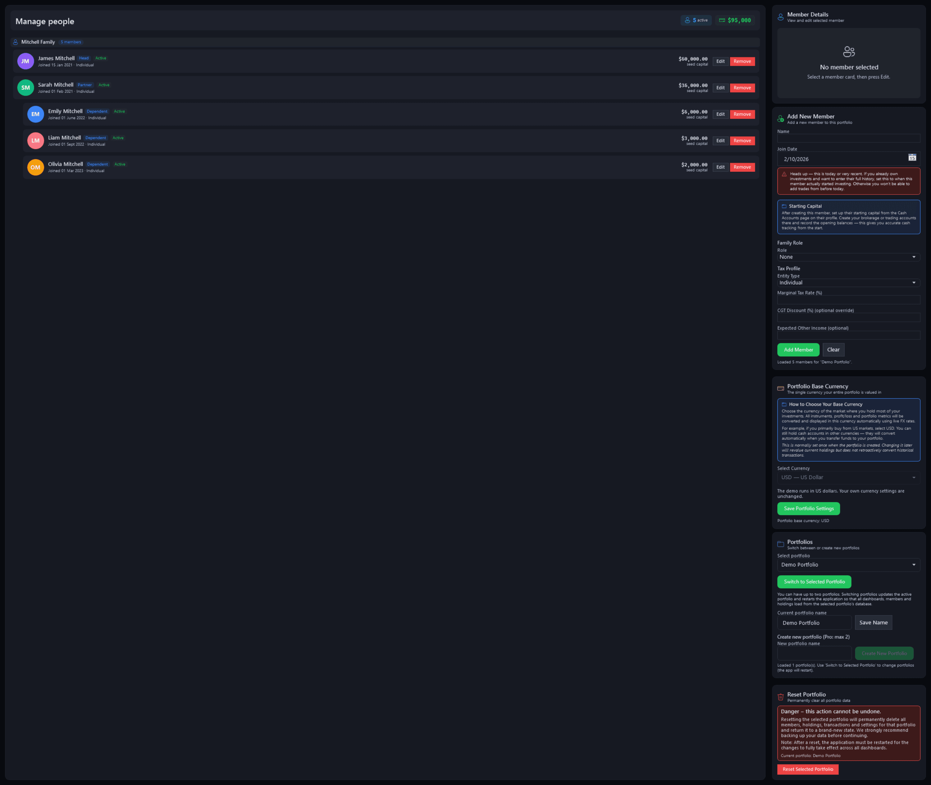 Manage people, the whole page: the household's five members, each with their role, join date and seed capital, in their own colour, the form to add a member, the portfolio base currency, the portfolios and the reset panel
