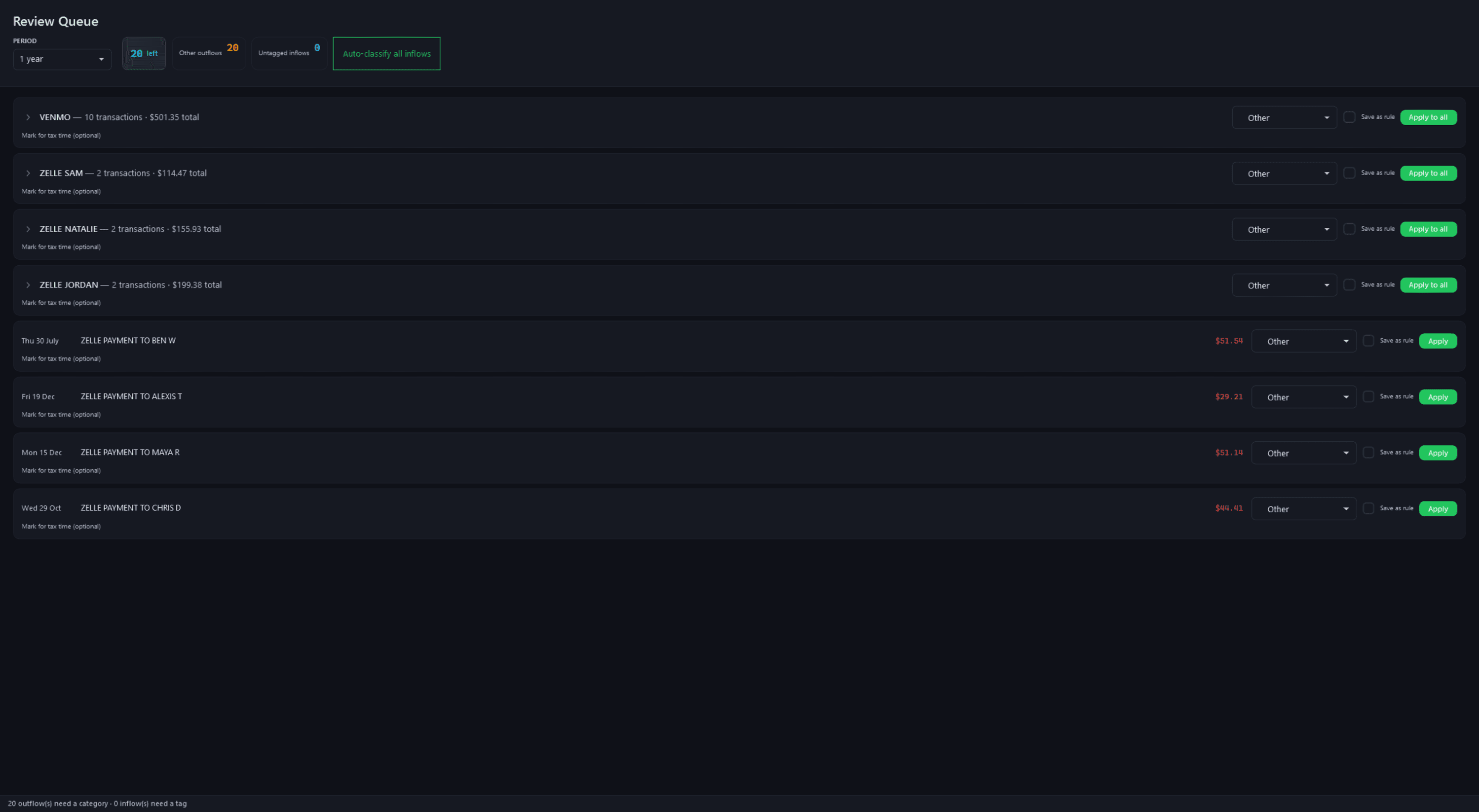 The Review Queue for the past year: 20 uncategorised payments left, grouped by merchant, each group with one category picker, a button to apply it to the whole group and Save as rule