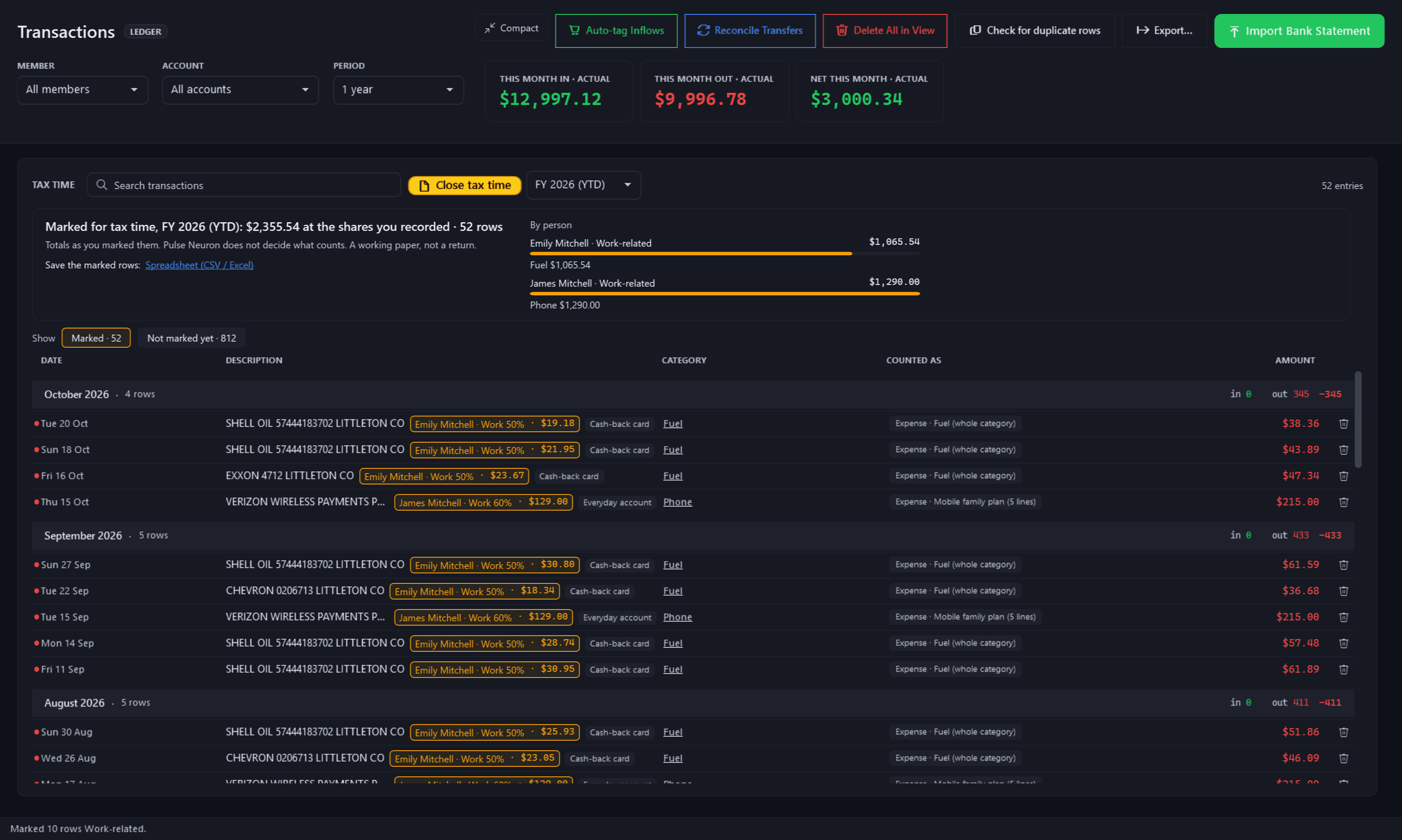 Transactions in Tax time, Marked, rendered from the app for its fictional demo family: “Marked for tax time, FY 2026 (YTD): $2,355.54 at the shares you recorded · 52 rows”, “Totals as you marked them. Pulse Neuron does not decide what counts. A working paper, not a return.” and Save the marked rows: Spreadsheet (CSV / Excel); By person, Emily Mitchell · Work-related $1,065.54, Fuel $1,065.54, and James Mitchell · Work-related $1,290.00, Phone $1,290.00, each with a bar; then the marked payments month by month, each with a chip naming the person, the work share and the amount at that share