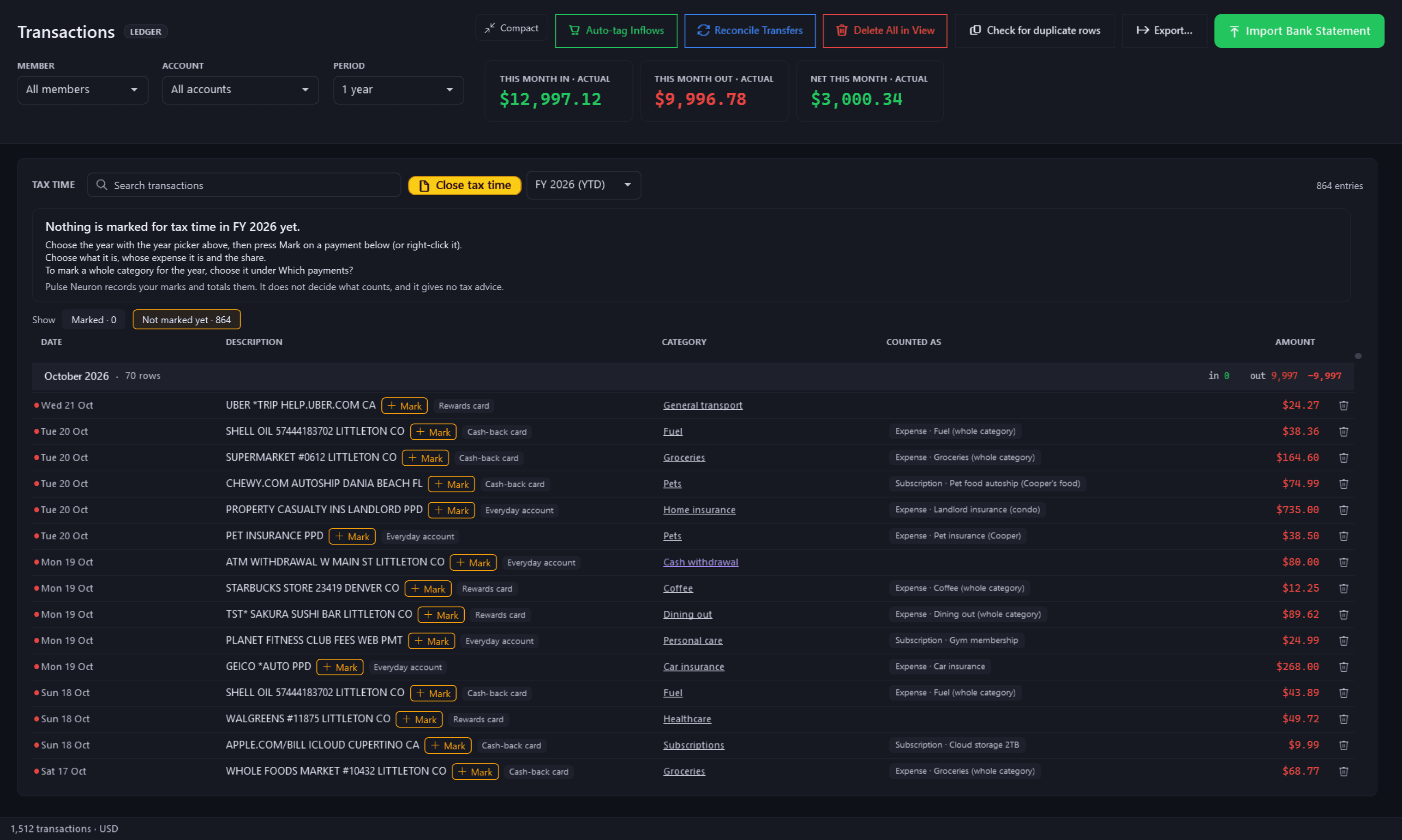 Transactions in Tax time for FY 2026 (YTD), rendered from the app for its fictional demo family: the yellow Close tax time button and the year picker; “Nothing is marked for tax time in FY 2026 yet.”, how to start (press Mark on a payment or right-click it, choose what it is, whose expense it is and the share, and choose a whole category under Which payments?) and “Pulse Neuron records your marks and totals them. It does not decide what counts, and it gives no tax advice.”; Marked · 0 and Not marked yet · 864; then October 2026's money out, each payment with a Mark button