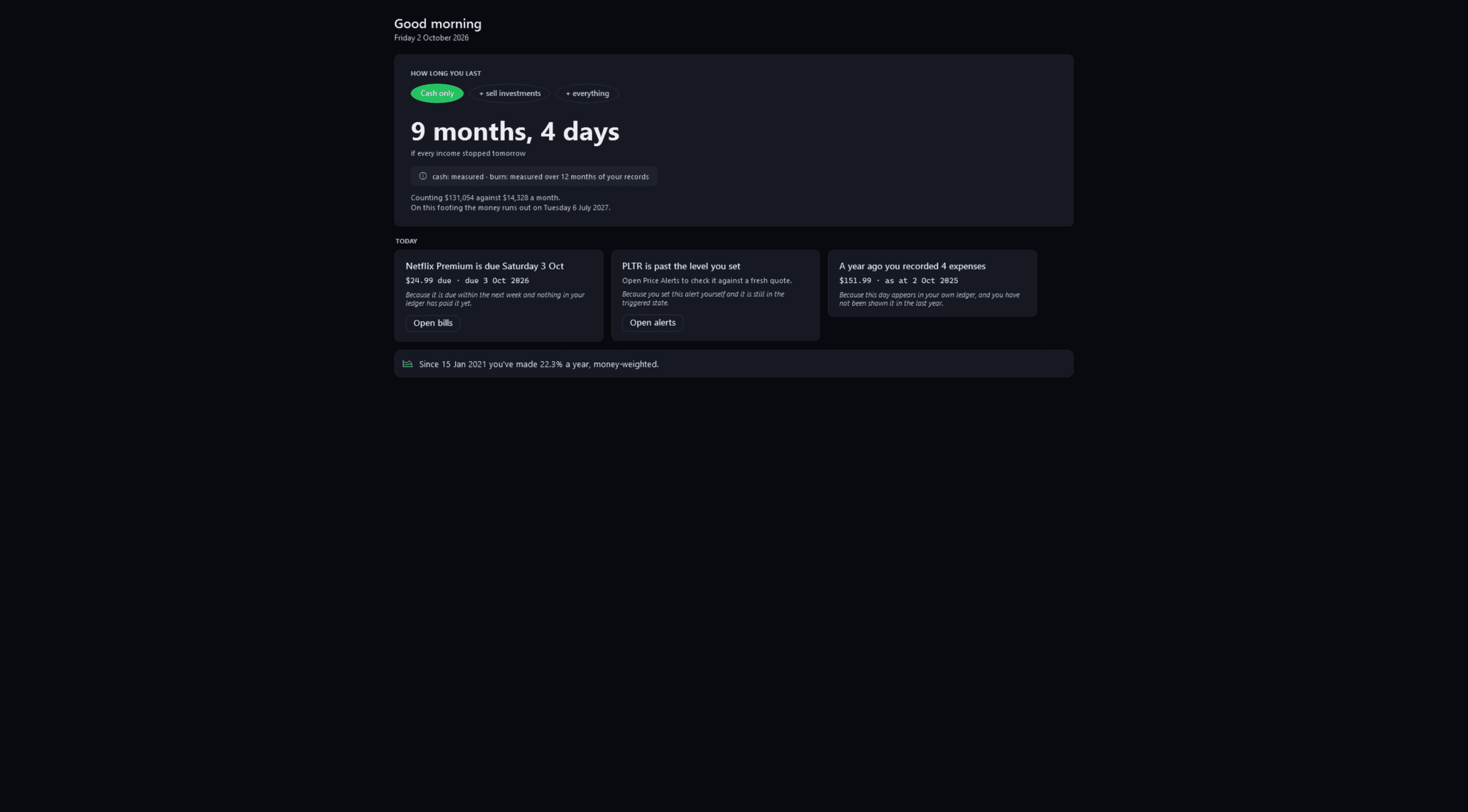 The Today page for Friday 2 October 2026: a runway of 9 months, 4 days if every income stopped, counted from cash with both inputs labelled measured, then three cards about today (a bill due tomorrow, a triggered price alert and what was recorded a year ago) and the money-weighted return since January 2021